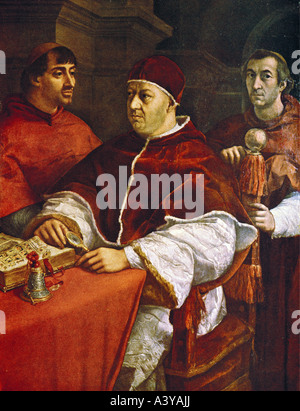 Leone X (Giovanni di Medici), 11.12.1475 - 1.12.1521, Papa 11.3.1513 - 1.12.1521, con i cardinali Ludovico de Rossi & Giulio de Med Foto Stock