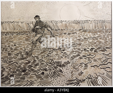 "Belle Arti, Gogh, Vinvcent van, (1853 - 1890), disegno, "Il seminatore sul campo", 1888, penna su carta, 24 cm x 32 cm, Vincent v Foto Stock
