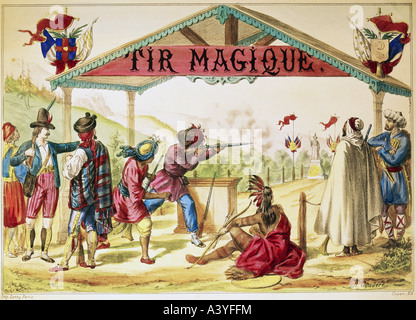 Festa, fiere, carnosa, tiro gamma, 'Tir Magique', (scatto magico), litografia a colori, di B.Coudert, stampa di Leroy, Parigi, circa 1840, Museo del Teatro dei Pupi al Museo Municipale, Monaco, , Foto Stock