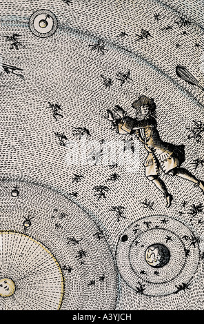Astronomia, uomo nello spazio, sole, terra e pianeti, incisione a colori, Francia, 18th secolo, collezione privata, storico, storico, Europa, sistema solare, universo, galleggiante, persone, Foto Stock