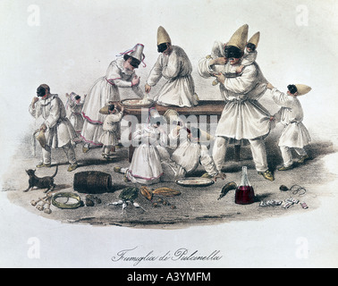 Teatro / teatro, commedie e comici, 'Famiglia di Pulcinella', litografia a colori, Italia, inizio 19th secolo, collezione privata, , Foto Stock