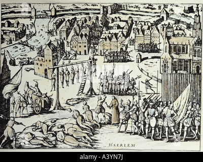 Eventi, Guerra Degli Ottant'Anni, 1568 - 1648, esecuzioni di massa di cittadini dopo la cattura di Haarlem da parte di Fernando Alavarez de Toledo, duca di Alba, 1573, incisione a colori, da Michael Aitsinger, da 'de leone Belgico', 1576, collezione privata, , Foto Stock