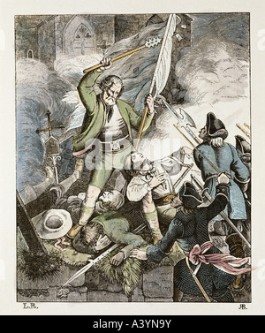 Eventi, Guerra di successione spagnola 1701 - 1704, insurrezione bavarese 1705, the smith of Kochel lotta al massacro di sendling natale, legno colorato, di Ludwig Richter (1803 - 1884), da 'Geschichte des Deutschen Volkes', di Eduard Duller, Lipsia, 1840, collezione privata, , Foto Stock