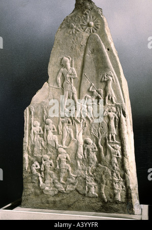 Belle arti, Mesopotamia, Akkad, rilievo, stele di Re Naram-Sin (circa 2260 - 2223 BC), XXIII secolo BC, Louvre, Parigi, antica w Foto Stock