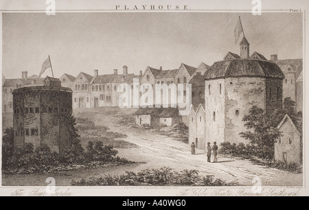 L'Orso del giardino e il Globe Theatre, Bankside, Southwark, Londra, Inghilterra. Incisi a E J Roberts Foto Stock