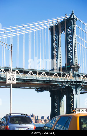 America, architettura, blu cielo, bridge, cavi, chiudere, fino, connettore, dettaglio, gantry, Manhattan, Manhattan Bridge, new york, Foto Stock