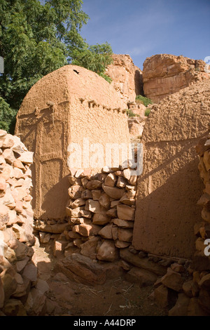 Il granaio di Adobe nel villaggio di Songo nel paese Dogon del Mali, Africa occidentale Foto Stock