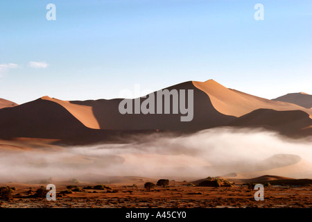 La nebbia dall'Oceano Atlantico () tra le dune rosse. Sossusvlei, Namib Desert, Namibia Foto Stock