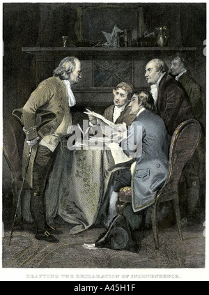 Comitato la scrittura della dichiarazione di indipendenza del 1776: Franklin, Jefferson, Livingston, Adams e Sherman (sinistra-destra). Colorate a mano l'incisione Foto Stock