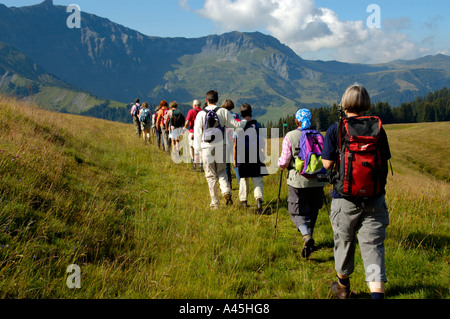 Signor Gruppo è escursionismo una dopo l'altra sull'erba da montagne coperte di Mont Joux Haute Savoie Francia Foto Stock