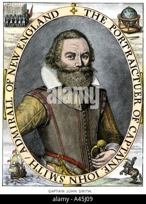 Il capitano John Smith colono di Jamestown. Colorate a mano la xilografia Foto Stock