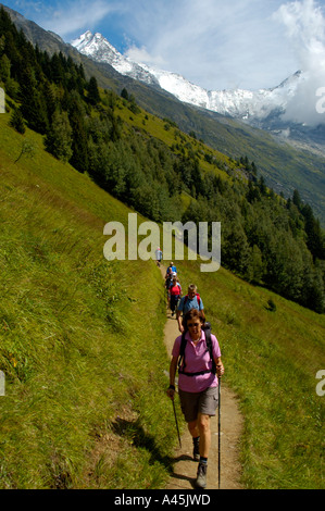 Signor Escursionismo gruppo uno dopo l'altro su un percorso che attraversa un pendio erboso Haute Savoie Francia Foto Stock