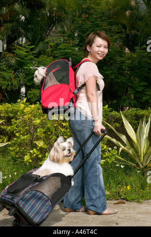 Donna con una coppia di cani pekinese Foto Stock