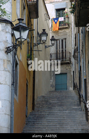Vista della caratteristica stradina del centro storico di Girona Gerona Catalogna Catalogna Catalogna España Spagna Europa Foto Stock