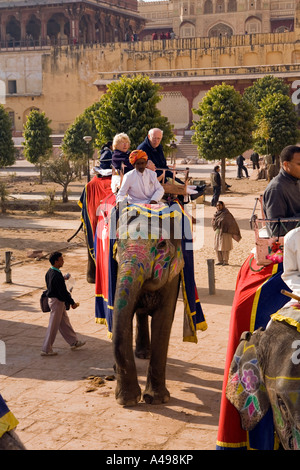 India Rajasthan Forte Amber elefanti il trasporto di anziani turisti Foto Stock