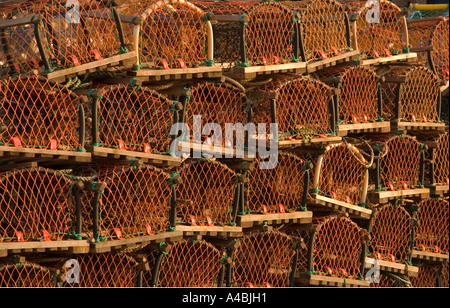 Pila di pentole di granchio di aragosta sul molo Whitby North Yorkshire Inghilterra Regno Unito Regno Unito Gran Bretagna Foto Stock