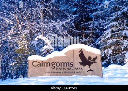 Cairngorms National Park in pietra lavorata e segno di ingresso. XPL 4676-439 Foto Stock