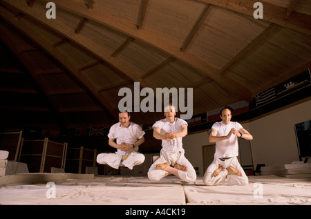 YOGIC FLYING IMPLICA LA SEDUTA IN UNA PIENA posizione del loto e salto in avanti BOUNCY IMATERASSI. Foto Stock