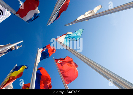 Molte bandiere europee in piedi insieme nel cielo blu Foto Stock
