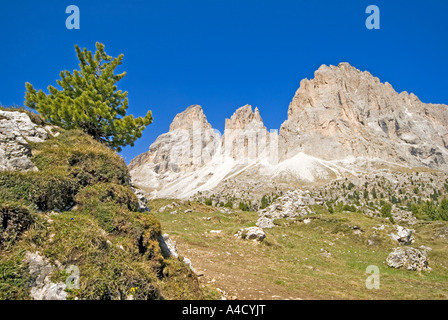 Le montagne Grohmannspitze, Fuenffingerspitze (2998 m) e Langkofeleck visto dalla Sellajoch Foto Stock