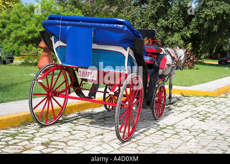 Cavallo tirando un legno aperto carrello superiore, un taxi cubano, Guardalavaca, provincia di Holguin, Cuba Foto Stock