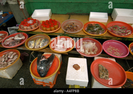 Frutti di mare compresi trebbiatrice testa di squalo Alopias sp per la vendita a Nanfang ao Suao mercato Taipei Taiwan Repubblica popolare di Cina Foto Stock