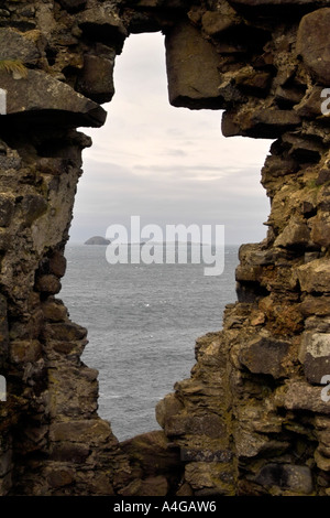 Vista dal castello di Duntulm verso Satffin isola, Isola di Skye, Highlands Occidentali, Scozia Foto Stock