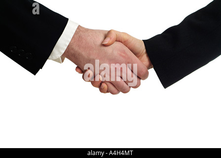 Maschio e femmina di uomini di affari che stringono le mani contro uno sfondo bianco Close Up Tagliare Foto Stock