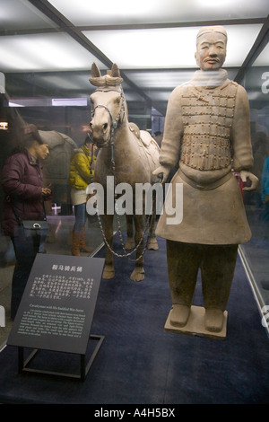 Cavallo e soldato in caso di vetro esercito di terracotta a Xi'an Cina JMH2050 Foto Stock