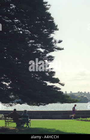 Una coppia di anziani guarda un giovane del jogging nel parco, Sydney, Australia Foto Stock