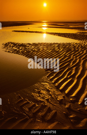 Ripples in sabbia al tramonto con Mumbles nella distanza Swansea Bay South Wales UK Foto Stock