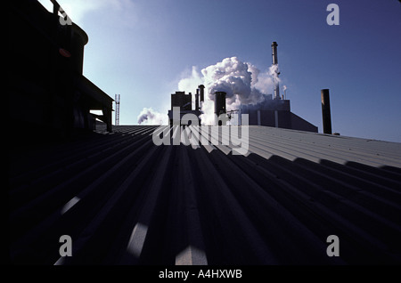 Fumaioli billowing steam sul tetto di un mulino di carta Foto Stock