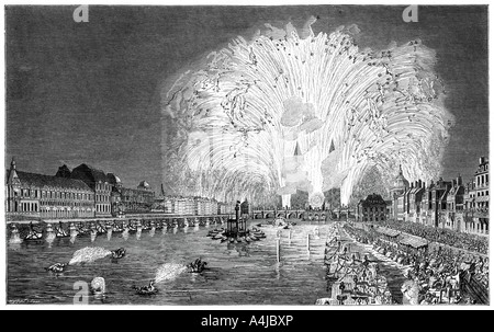 Fuochi d'artificio sul ponte, Parigi, 1754, (1885). Artista: sconosciuto Foto Stock