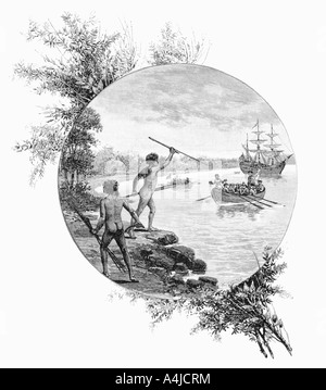 Natives contrapposta Captain Cook's Landing, Australia, 1770 (1886).Artista: W Macleod Foto Stock