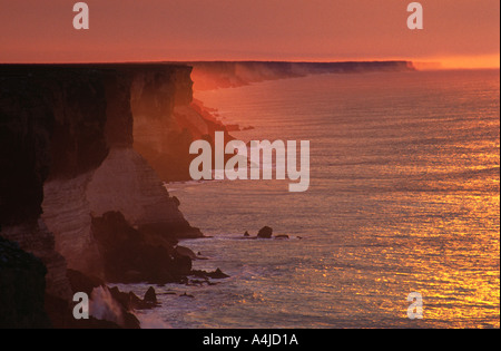 Bunda Cliffs eroso Limestone Coast grande insenatura di Australia Australia del Sud con golden spray retroilluminato a sunrise Foto Stock