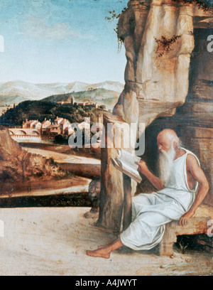 'St Jerome lettura in un paesaggio', c1450-1516. Artista: Giovanni Bellini Foto Stock