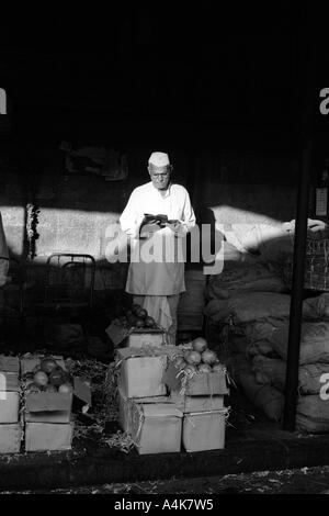 Un vecchio fornitore di frutta si legge il giornale del mattino a Crawford mercato di Bombay o Mumbai in India Foto Stock