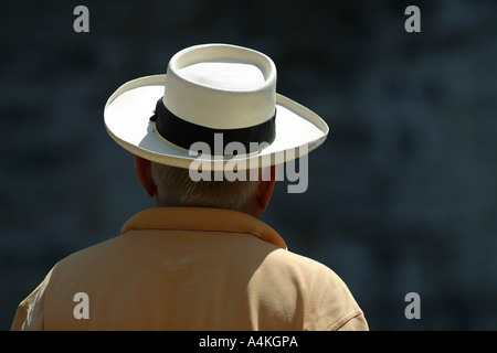 Uomo che indossa hat, vista posteriore Foto Stock