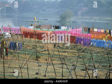 India, Uttar Pradesh, biancheria appesa su abiti-linee Foto Stock