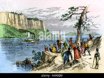 Primo battello a vapore il Clermont rendendo il suo viaggio inaugurale sul fiume Hudson 1807. Colorate a mano la xilografia Foto Stock