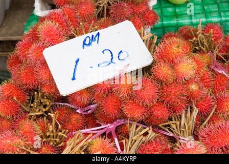 Nephelium lappaceum rambutan in vendita in un mercato a Kuching Sarawak Foto Stock