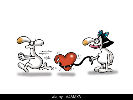 Donna che mantiene il cuore al guinzaglio come l'uomo corre Foto Stock