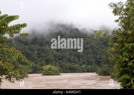 Borneo malese Sarawak Fiume Rejang Pelagus Rapids e la foresta pluviale in early MORNING MIST Foto Stock