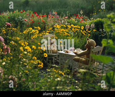 ANTIQUE ORSACCHIOTTI A picnic nel giardino di fiori selvaggi / PENNSYLVANIA Foto Stock