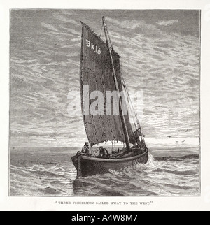 Tre pescatori navigato a Vela Barca montante ketch sea wave galleggiante catch rigging commercio vento panno acqua west nautico marittimo marine Foto Stock