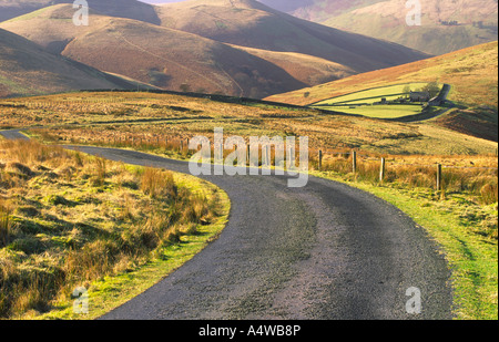 Il sole invernale scozzese di avvolgimento su strada il suo modo intorno al rotolamento sulle colline di confine di una casa Carewoodrig vicino Langholm Scotland Regno Unito Foto Stock