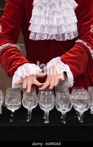 L'artista di strada rende la musica con bicchieri di vino Heidelberg Germania Foto Stock