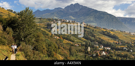 Da sinistra il Algunder Waal (canale) Sentiero escursionistico del Tirolo sotto castello de Fontana e la montagna picco Ilfinger Foto Stock