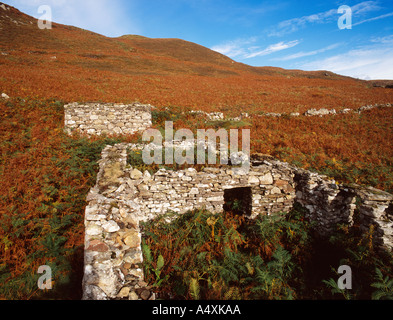 Case in rovina e parete di campo presso il villaggio di liquidazione di Boreraig nel sud di Skye western Highlands scozzesi e le isole Foto Stock