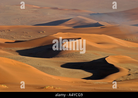 La nebbia dall'oceano atlantico () tra le dune rosse. Sossusvlei, Namib Desert, Namibia Foto Stock